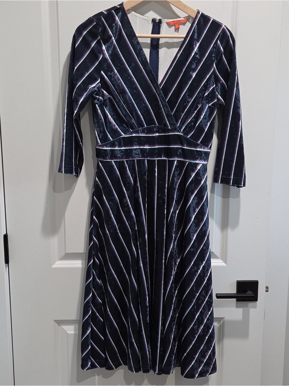 Modcloth Navy Velvet Midi Dress with White Stripes